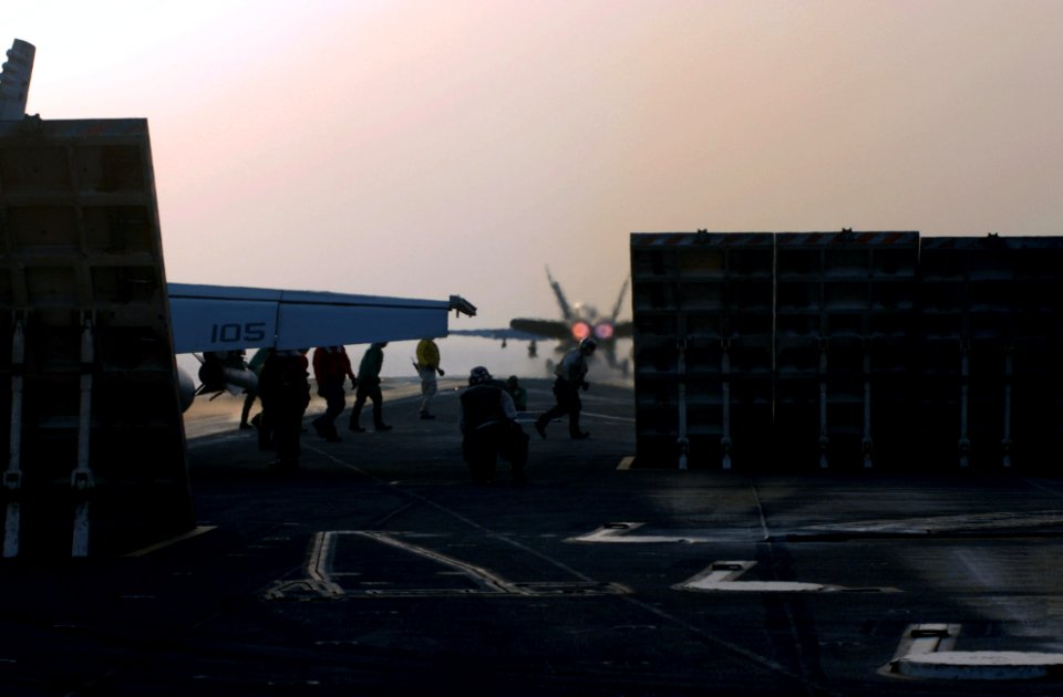 US Navy 070629-N-3729H-033 An F-A-18F Super Hornet assigned to the Black Knights of Strike Fighter Squadron (VFA) 154 sits ready on the catapult waiting to launch