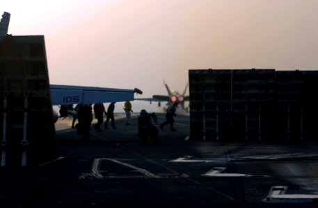 US Navy 070629-N-3729H-033 An F-A-18F Super Hornet assigned to the Black Knights of Strike Fighter Squadron (VFA) 154 sits ready on the catapult waiting to launch