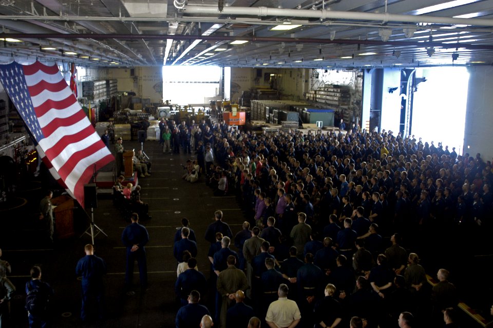 US Navy 070628-N-1752H-112 Commander, U.S. Pacific Command, Adm. Timothy J. Keating, and U.S. Ambassador to the Philippines, the Honorable Kristie A. Kenney address the Sailors aboard the amphibious assault ship USS Peleliu (LH
