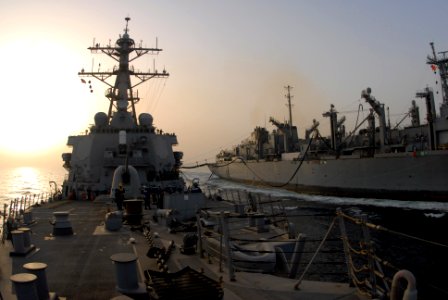 US Navy 070629-N-7498L-218 Guided-missile destroyer USS O'Kane (DDG 77) conducts a replenishment at sea with Military Sealift Command fast combat support ship USNS Bridge (T-AOE 10)
