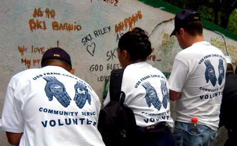 US Navy 070702-N-5253W-005 Sailors from guided-missile destroyer USS Curtis Wilbur (DDG 54) and submarine tender USS Frank Cable (AS 40) paint messages on the Friendship Wall at the Parus Nadezhdy Children's Rehabilitation Cen