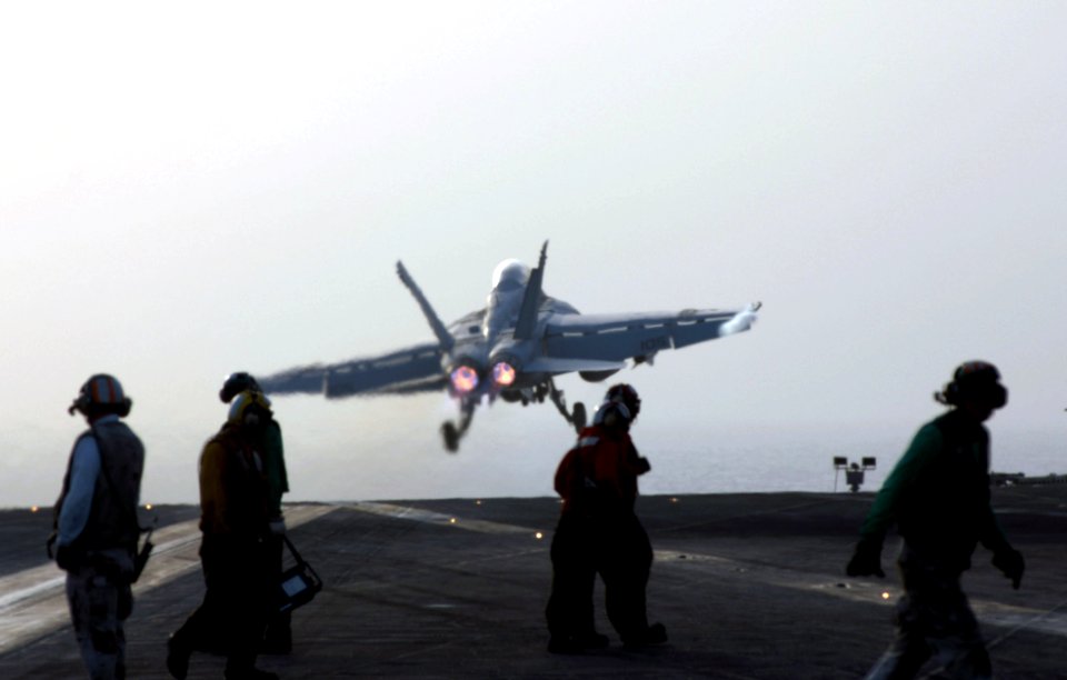 US Navy 070629-N-3729H-072 An F-A-18F Super Hornet, assigned to the Black Knights of Strike Fighter Squadron (VFA) 154, launches from the flight deck of Nimitz-class aircraft carrier USS John C. Stennis (CVN 74)