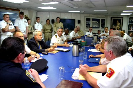 US Navy 070628-N-8110K-002 Cmdr. John Beaver, USS Bulkeley (DDG 84) commanding officer, addresses a welcome committee of Boston officials as the ship begins a port visit to kick off Boston Navy Week