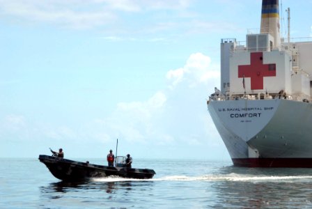 US Navy 070628-N-8704K-049 A Guatemalan navy patrol boat provides security for the anchored Military Sealift Command hospital ship USNS Comfort (T-AH 20) during a scheduled stop on a four-month humanitarian deployment