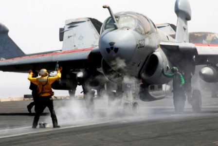 US Navy 070629-N-3729H-084 An EA-6B Prowler, assigned to the Yellow Jackets of Electronic Attack Squadron (VAQ) 138, is directed onto the catapult before launching