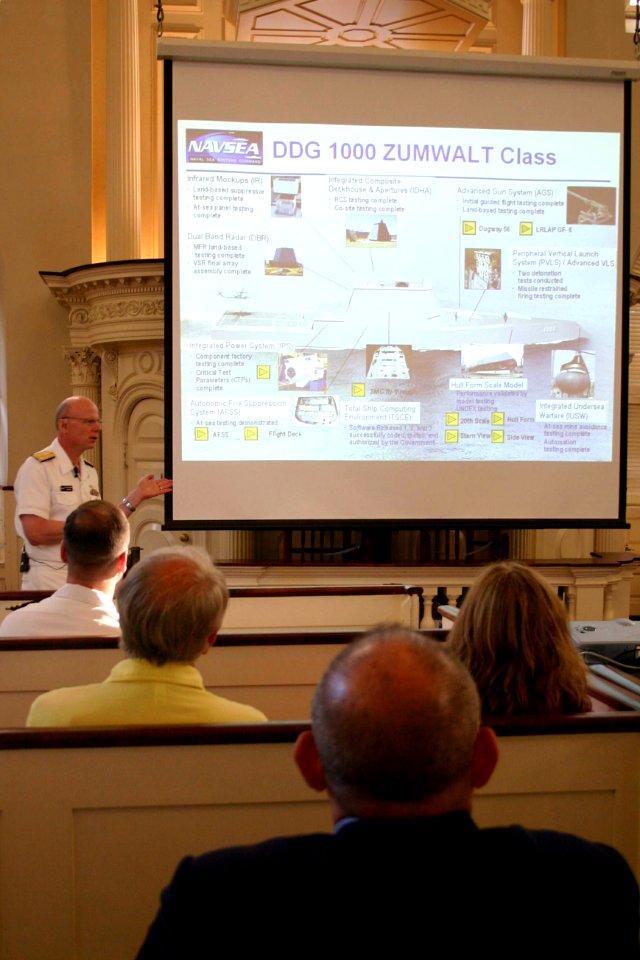 US Navy 070703-N-8110K-013 Vice Adm. Paul Sullivan, commander of Naval Sea Systems Command, presents a lecture on the future of Navy ships and systems at Boston's historic Old South Meeting House photo