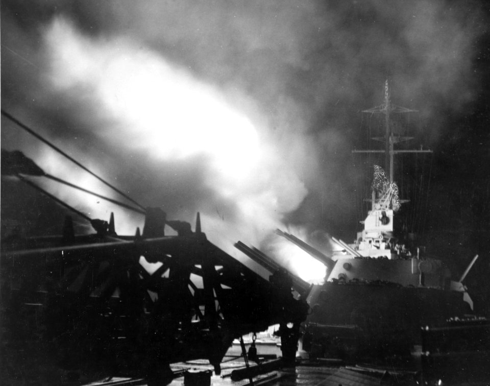 USS Columbia (CL-56) shelling Japanese facilities in the Shortlands on 1 November 1943