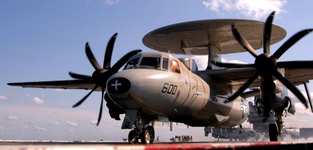 US Navy 070702-0455L-N-014 An E-2C Hawkeye, attached to the Seahawks of Carrier Airborne Early Warning Squadron (VAW) 126, launches from the flight deck of USS Harry S. Truman (CVN 75)