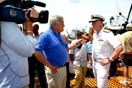 US Navy 070704-N-8110K-001 New England Cable News reporter Greg Wayland interviews Vice Adm. Paul Sullivan, commander of Naval Sea Systems Command, aboard USS Constitution on her Independence Day turnaround cruise in Boston Har