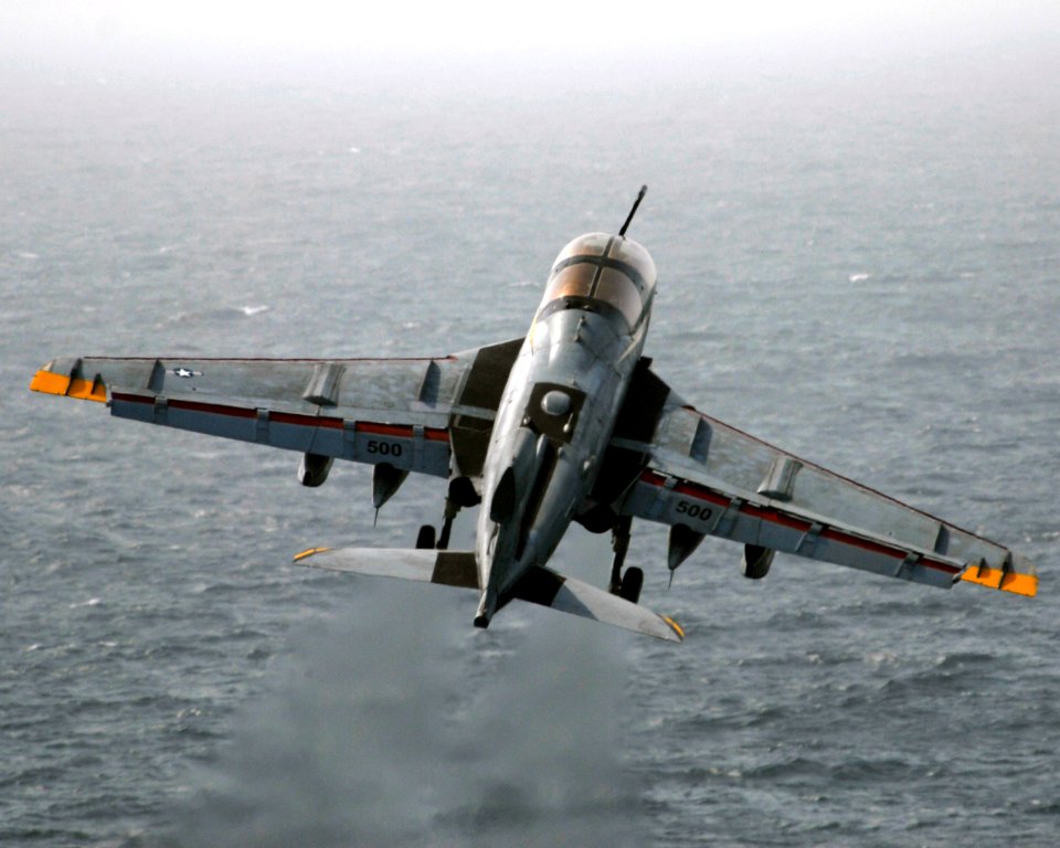 US Navy 070703-N-8157C-074 An EA-6B Prowler, from the Yellow Jackets of Electronic Attack Squadron (VAQ) 138, launches from the flight deck of Nimitz-class aircraft carrier USS John C. Stennis (CVN 74)
