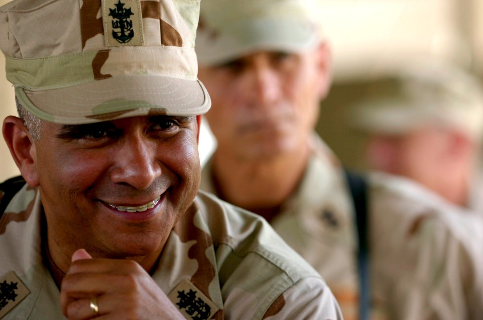 US Navy 070704-N-9818V-415 Master Chief Petty Officer of the Navy (MCPON) Joe R. Campa Jr. talks with sailors attached to the Counter Rocket, Artillery and Mortar (C-RAM), Task Force Hurricane. All of the Sailors attached to C