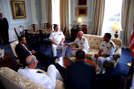 US Navy 070702-N-8110K-021 Commander, Naval Sea Systems Command, Vice Adm. Paul Sullivan meets with Massachusetts Gov. Deval Patrick in the governor's office at the State House photo