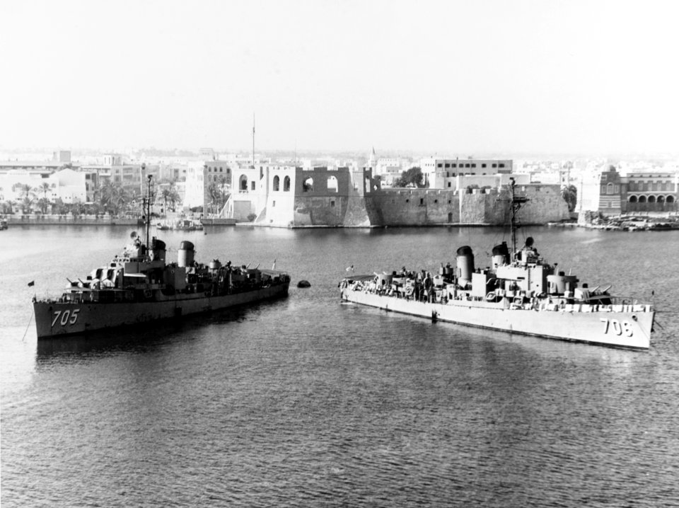 USS Compton (DD-705) and USS Gainard (DD-706) moored in Tripoli Harbor in October 1948