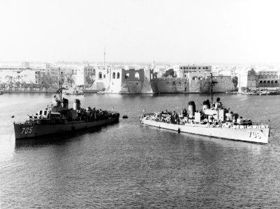 USS Compton (DD-705) and USS Gainard (DD-706) moored in Tripoli Harbor in October 1948