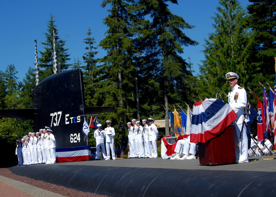 US Navy 070706-N-7656R-002 Cmdr. Jeffrey S. Coran, outgoing commanding officer USS Kentucky (SSBN 737), gives a speech during his change of command ceremony at Naval Base Kitsap Bangor Deterrent Park