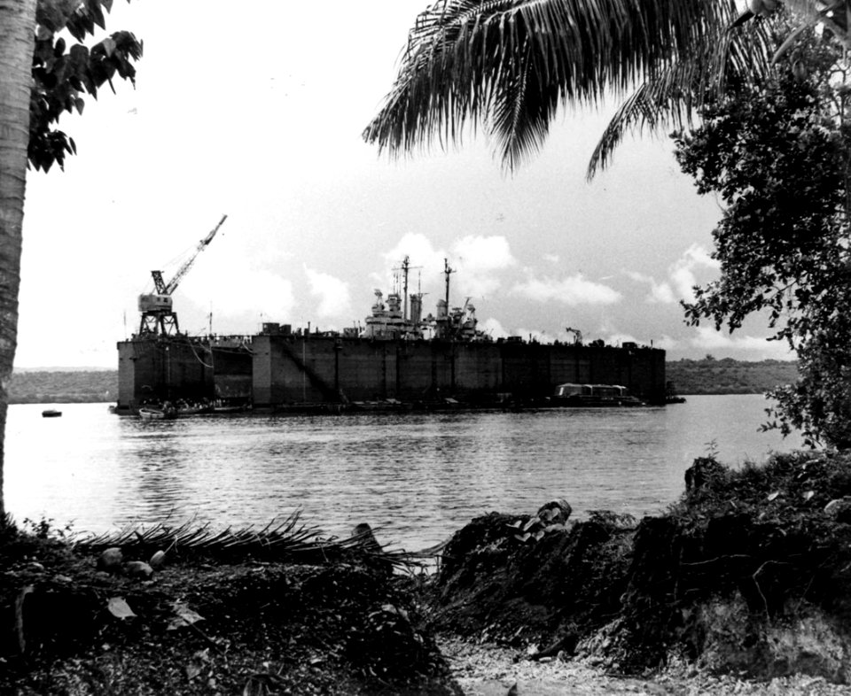 USS Cleveland (CL-55) in floating drydock ABSD-1 off Espiritu Santo, in January 1944