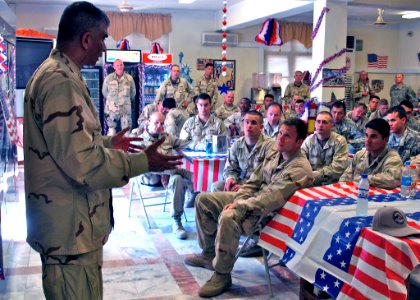 US Navy 070705-N-3385W-060 Master Chief Petty Officer of the Navy (MCPON) Joe R. Campa Jr. addresses Sailors and Soldiers during an all hands call on his visit to Provincial Reconstruction Team Khost