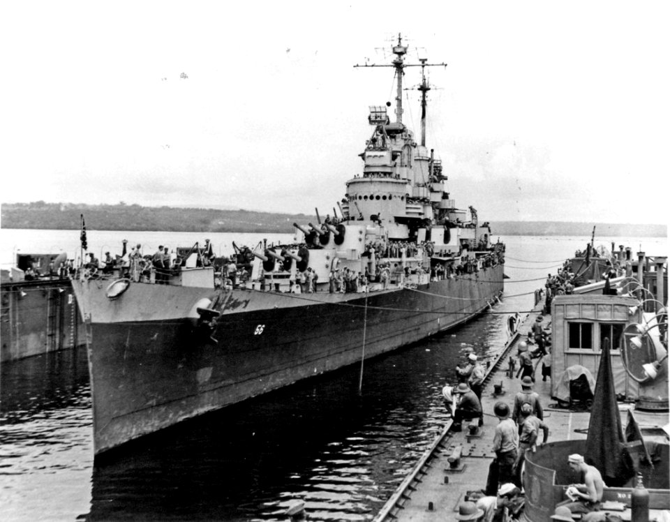 USS Columbia (CL-56) docks in ABSD-1 at Espiritu Santo, in January 1944