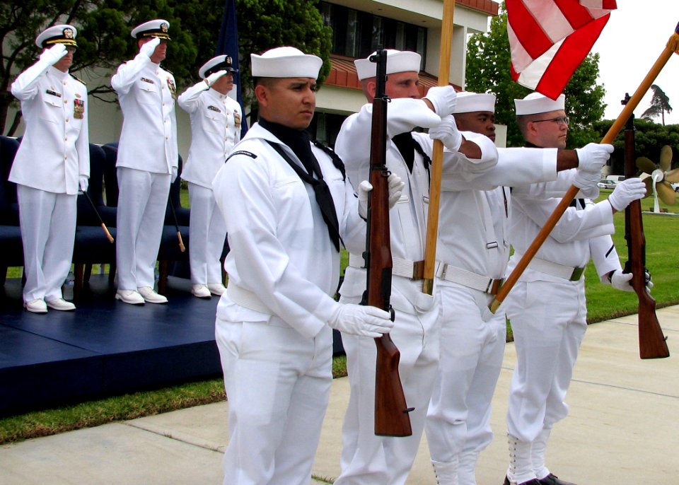 US Navy 070706-N-8547M-030 The color guard presents the colors during the national anthem at the Center for Seabees and Facilities Engineering (CSFE) change of command