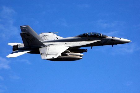 US Navy 070704-N-7883G-127 Australian Defense Minister Dr. Brendan Nelson is flown past USS Kitty Hawk (CV 63) in an F-A-18F Super Hornet assigned to Strike Fighter Squadron (VFA) 102 photo