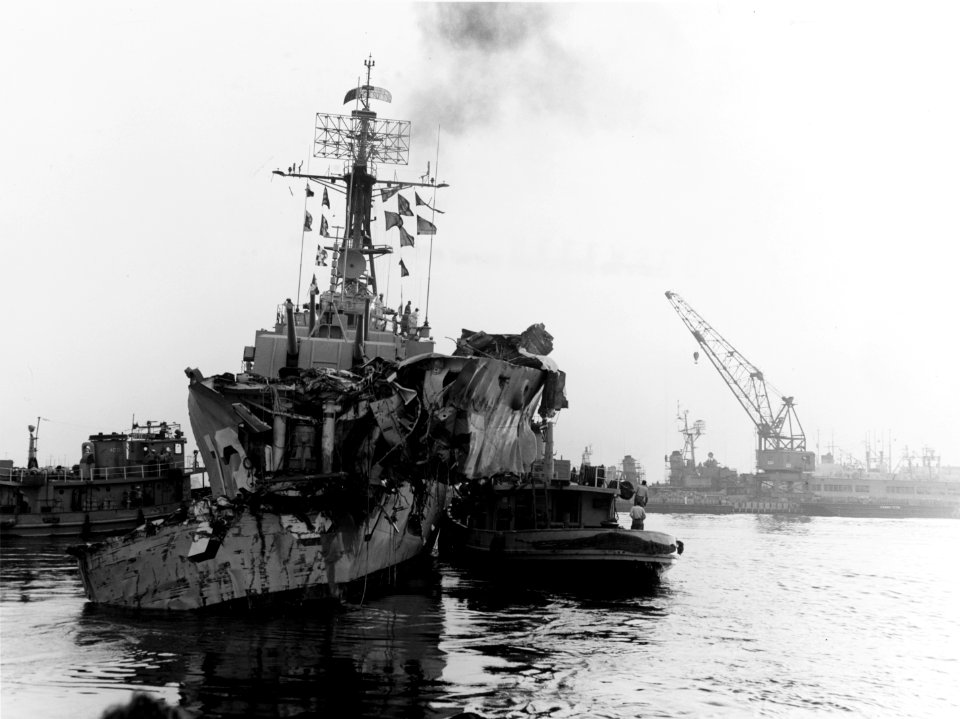 USS Collett (DD-730) in port, following her 19 July 1960 collision (NH 105936)