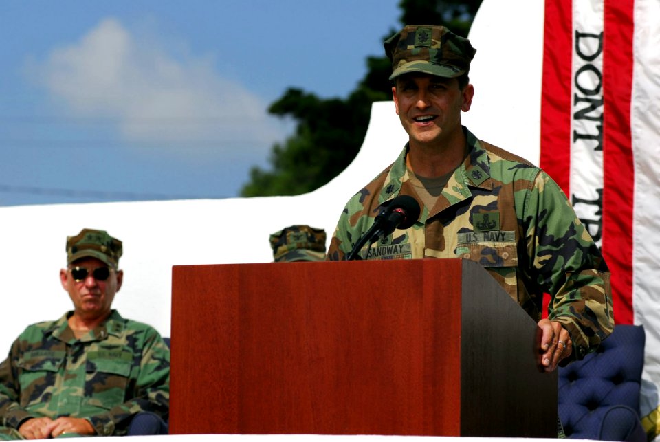 US Navy 070706-N-5330L-068 Cmdr. Gregory Sandway, commanding officer of Riverine Squadron (RIVRON) 3, speaks during the establishing ceremony for his new squadron at Naval Weapons Station Yorktown