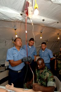 US Navy 070712-N-0989H-053 Hospital Corpsman 1st Class Charles Givens, Task Group 40.9 independent duty corpsman, and interpreter Master-at-Arms 1st Class Hector Cardona demonstrate the proper procedures for administering an IV photo