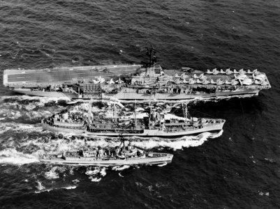 USS Cimarron (AO-22) replenishes USS Hornet (CV-12) and USS Nicholas (DD-449), 1966