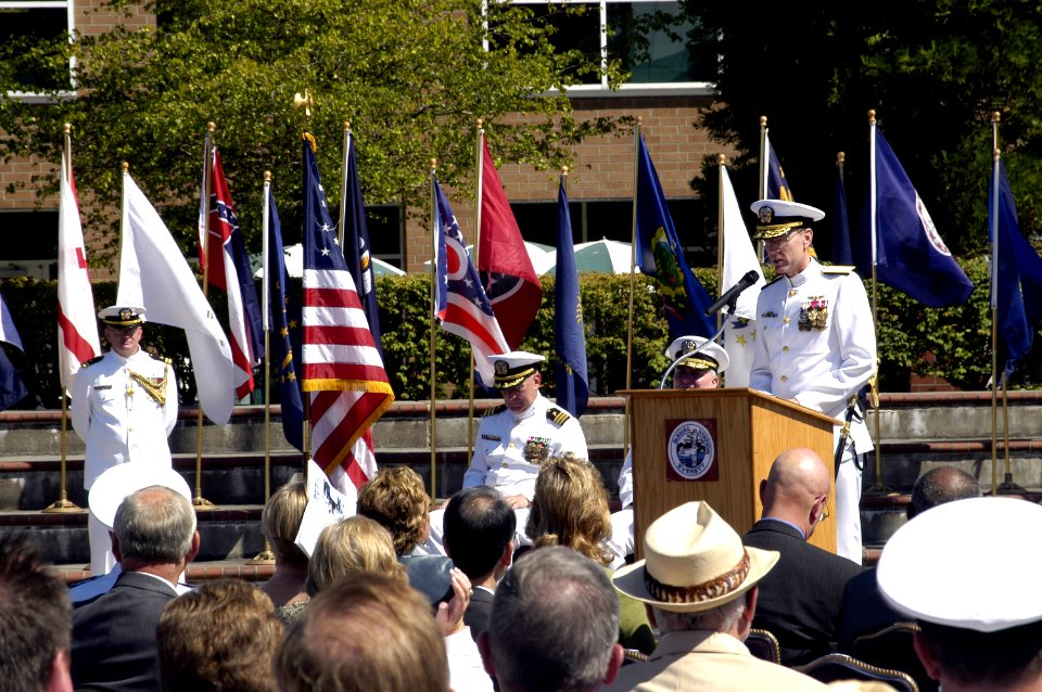 US Navy 070711-N-3390M-002 Rear Adm. James Symonds addresses the audience gathered at the Navy Region Northwest change of command ceremony at Jackson Plaza on board Naval Station Everett