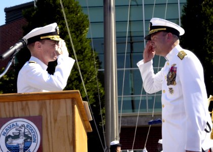 US Navy 070711-N-3390M-001 Rear Adm. William French and Rear Adm. James Symonds exchange salutes during the Navy Region Northwest change of command ceremony held at Naval Station Everett