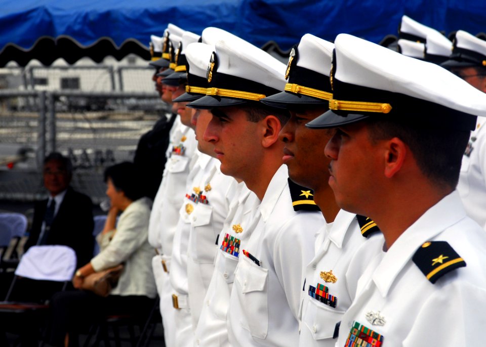 US Navy 070709-N-2638R-006 Sailors assigned to Arleigh Burke-class guided-missile destroyer USS McCampbell (DDG 85) stand in ranks during the arrival ceremony for the ship on board Commander Fleet Activities Yokosuka (CFAY)