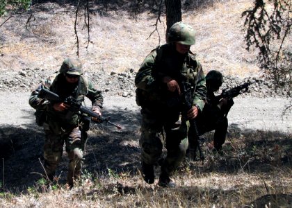 US Navy 070713-N-8547M-095 Sailors assigned to Naval Mobile Construction Battalion (NMCB) 5 run for cover while participating in a reconnaissance patrol during a field exercise (FEX)