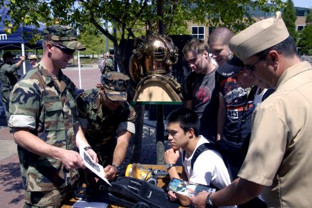 US Navy 070714-N-3390M-001 Navy Diver 2nd Class Jake Townsend and Navy Diver 3rd Class SeanPaul Salas give members of the Navy's Delayed Entry Program (DEP) some information on the navy divers rating and the many incentiv