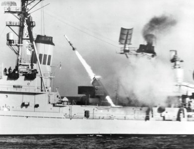 USS Charles F. Adams (DDG-2) launches a RUR-5 ASROC on 18 November 1960 (KN-1916)