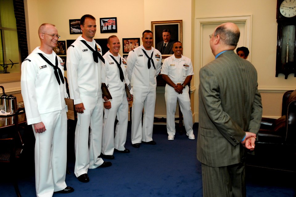US Navy 070716-N-3642E-014 Secretary of the Navy (SECNAV), the Honorable Dr. Donald C. Winter congratulates the four Sailors of the Year that are scheduled to be meritoriously promoted to chief petty officer, July 20