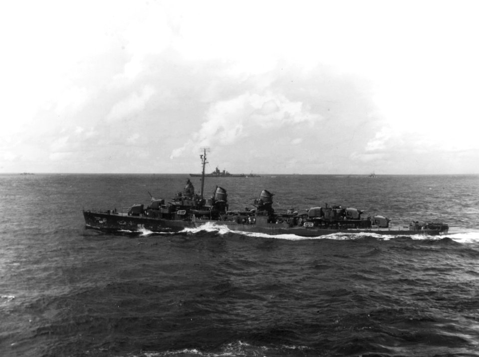 USS Charrette (DD-581) screening USS New Jersey (BB-62) during the Battle of Leyte Gulf, 24 October 1944 (80-G-K-2191)