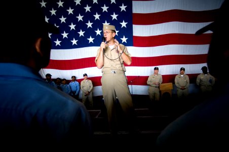 US Navy 070719-N-0696M-644 Chief of Naval Operations (CNO) Adm. Mike Mullen conducts an all hands call aboard the amphibious assault ship USS Boxer (LHD 4)