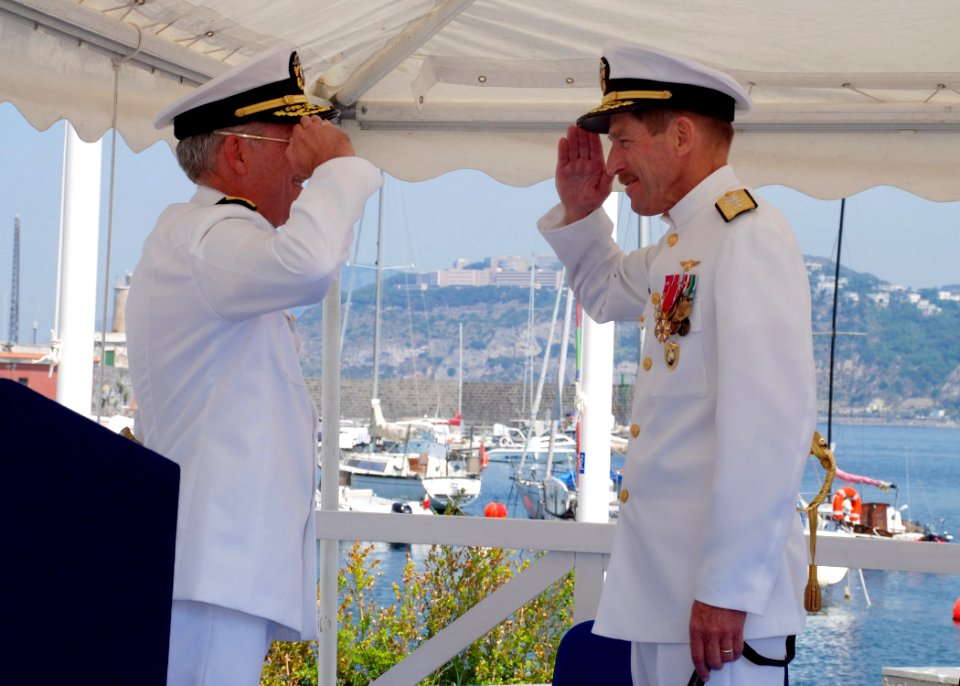 US Navy 070719-N-6544L-001 Rear Adm. Michael R. Groothousen relieves Rear Adm. Noel G. Preston as commander of Navy Region Europe and Maritime Air Naples during the change of command ceremony