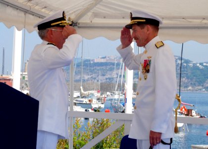 US Navy 070719-N-6544L-001 Rear Adm. Michael R. Groothousen relieves Rear Adm. Noel G. Preston as commander of Navy Region Europe and Maritime Air Naples during the change of command ceremony photo