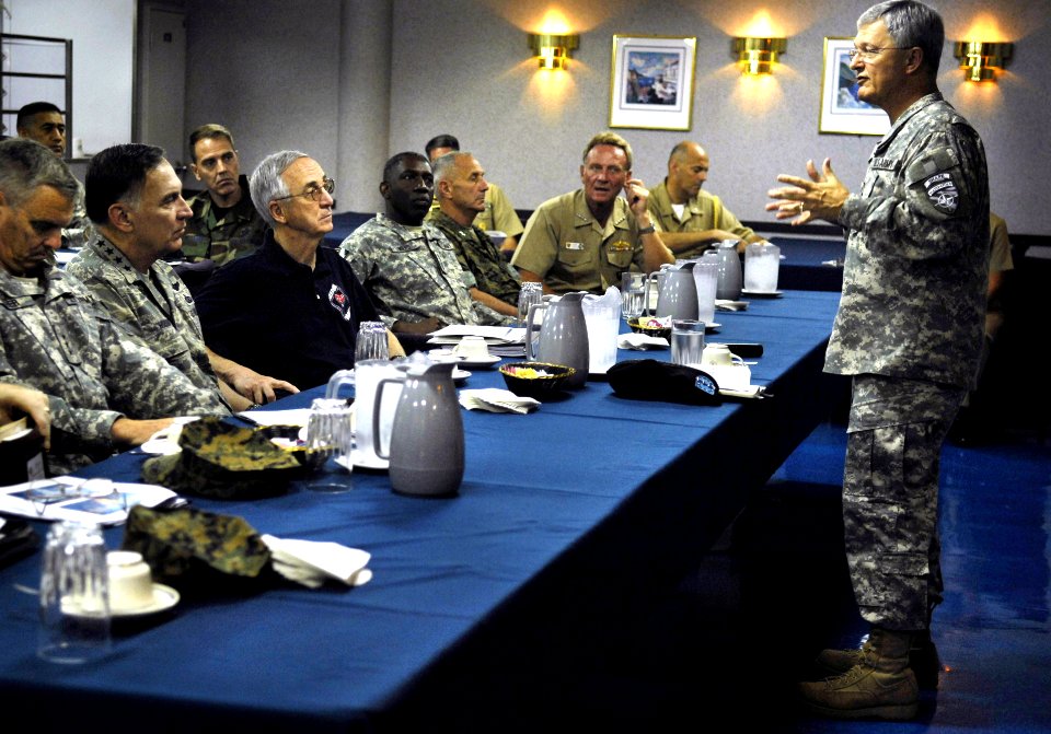 US Navy 070718-D-7203T-005 Gen. John Craddock, commander of U.S. European Command, speaks to Deputy Secretary of Defense Gordon R. England and various regional commanders aboard Blue Ridge-class amphibious command ship USS Moun