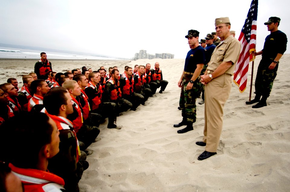 US Navy 070720-N-0696M-088 Chief of Naval Operations (CNO) Adm. Mike Mullen prepares to secure students of Basic Under Water Demolition Seal Training (BUDS) Class 266 from the Hell Week portion of their training
