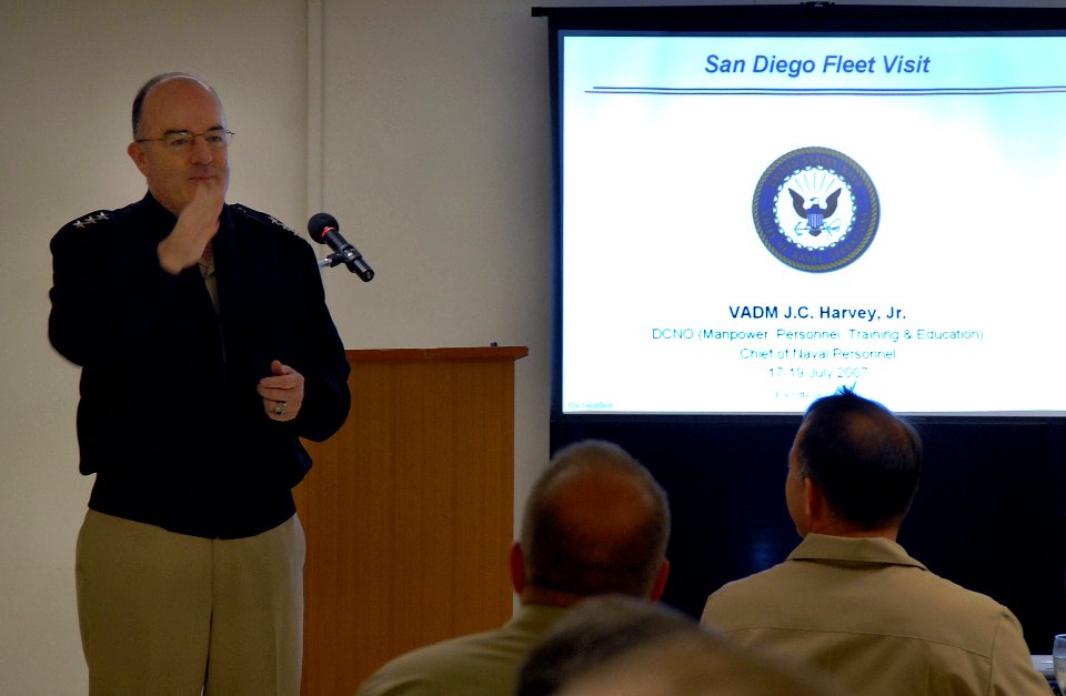 US Navy 070718-N-3659B-069 Chief of Naval Personnel Vice Adm. John C. Harvey Jr. addresses the department heads of Nimitz-Class aircraft carrier USS Ronald Reagan (CVN 76)