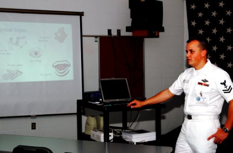 US Navy 070719-N-2143T-002 Hospital Corpsman 2nd Class Joseph Garling, assigned to Naval Hospital Bremerton, teaches Sailors about anger management at the Bangor Naval Brig Correctional Custody Unit