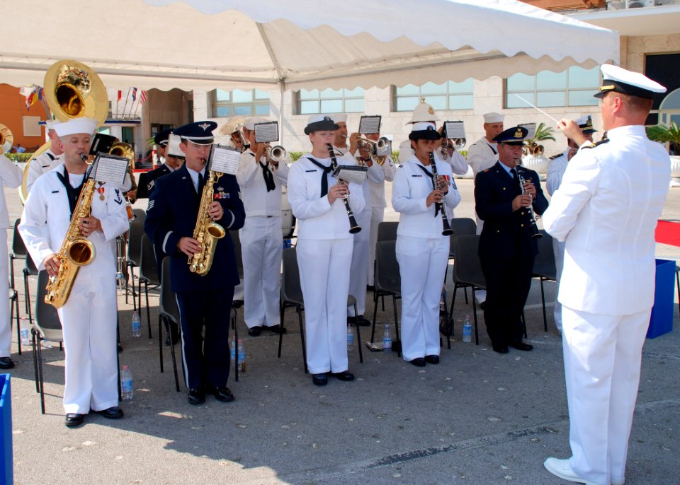 US Navy 070719-N-6544L-003 Commander, U.S. Naval Forces Europe-U.S. 6th Fleet Band plays the U.S. and Italian national anthems during the opening of the Commander, Navy Region Europe and Commander, Maritime Air Naples, change o
