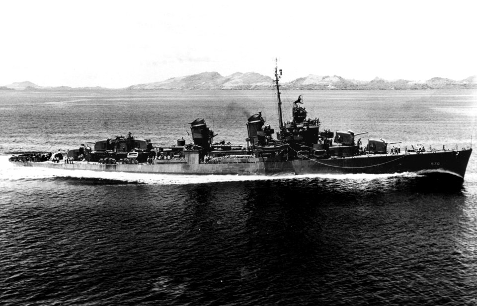 USS Charles Ausburne (DD-570) underway in the Solomon Islands, circa in 1943 (NH 59856)