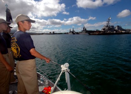 US Navy 070717-N-9758L-018 Cadets from the Naval Junior Reserve Officer Training Corps view Naval Station Pearl Harbor while on a torpedo recovery boat ride