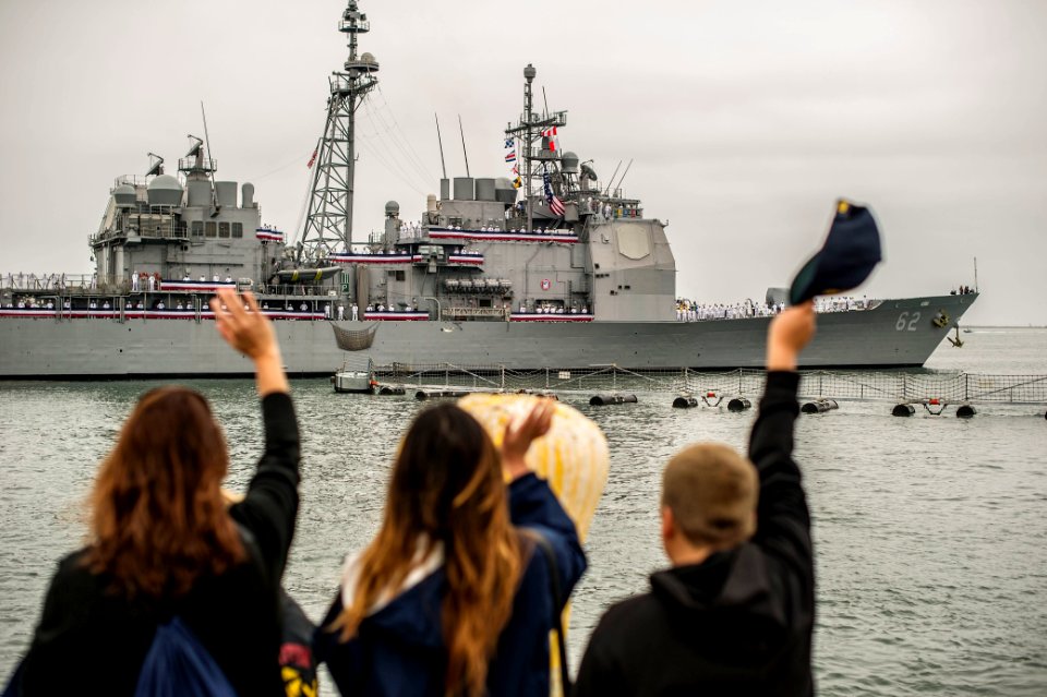 USS Chancellorsville departs for a deployment in the Western Pacific. (18347144772)