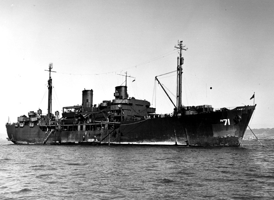 USS Catron (APA-71) at anchor in San Francisco Bay, California (USA), circa in late 1945 (NH 98709)