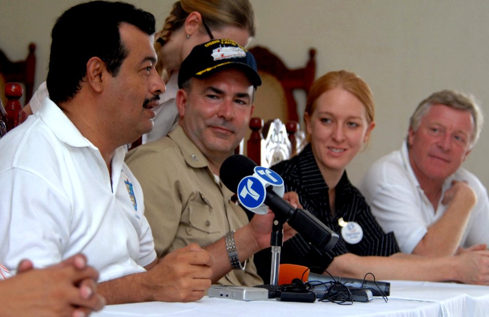 US Navy 070719-N-0194K-411 Ernesto Mendez Zeledon, mayor of Corinto, Nicaragua, speaks at a press conference announcing the arrival of the Military Sealift Command hospital ship USNS Comfort (T-AH 20)