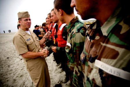 US Navy 070720-N-0696M-213 Chief of Naval Operations (CNO) Adm. Mike Mullen congratulates students of Basic Under Water Demolition Seal Training (BUDS) Class 266